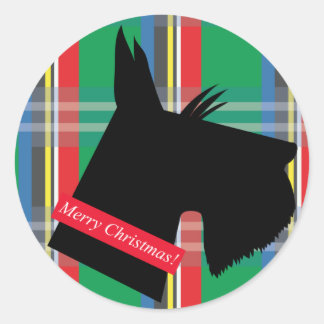 Pegatina Redonda Perro terrorífico escocés pegado a Navidad