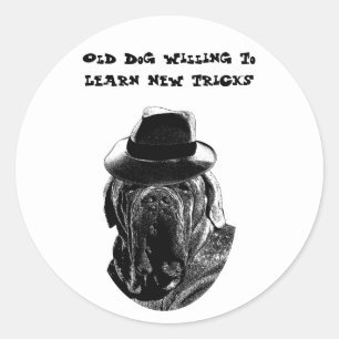 Pegatina Redonda Perro Viejo Dispuesto A Aprender Nuevos Trucos Mas