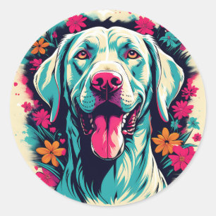 Pegatina Redonda Perro Weimaraner Con Flores