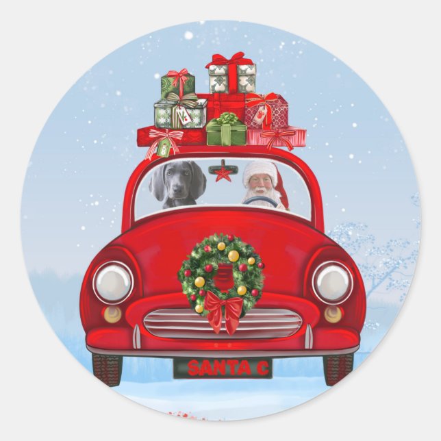 Pegatina Redonda Perro Weimaraner En Coche Con Santa Claus (Anverso)