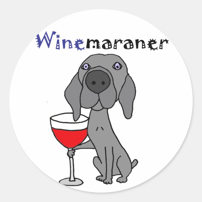 Pegatina Redonda Perro Weimaraner Funny Bebe Vino Rojo (Anverso)