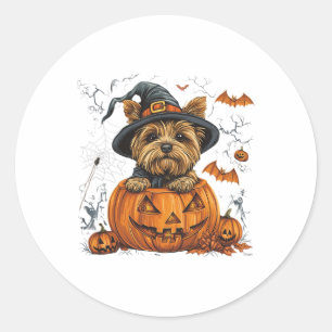 Pegatina Redonda Perro Yorkie Calabaza Halloween Día de Acción de G