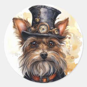 Pegatina Redonda Perro Yorkshire Terrier Steampunk