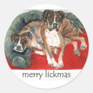 Pegatina Redonda perros boxer acuarela navidad alegre lickmas