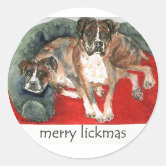 Pegatina Redonda perros boxer acuarela navidad alegre lickmas