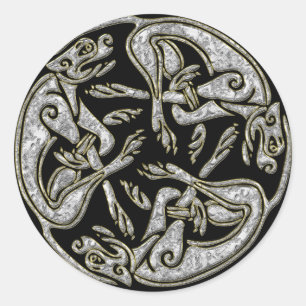 Pegatina Redonda Perros celtas ornamentos tradicionales oro y plata