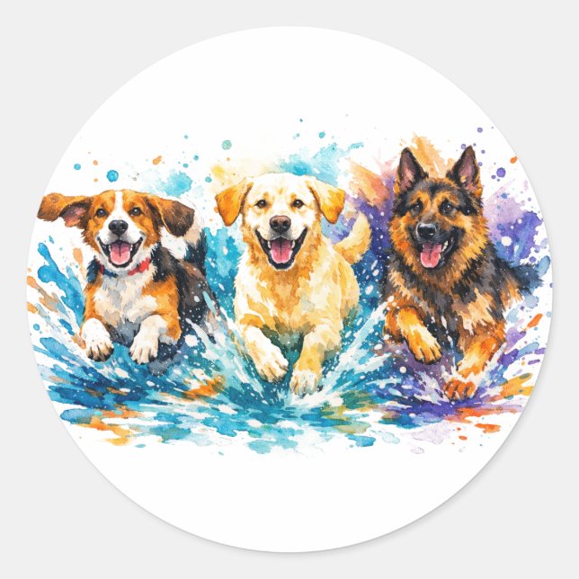 Pegatina Redonda Perros chapoteando (Anverso)