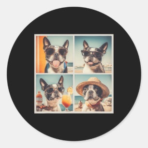 Pegatina Redonda Perros Cool Boston Terrier Sungles Vacaciones de v