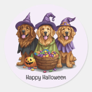 Pegatina Redonda Perros de bruja de Halloween Golden Retriever