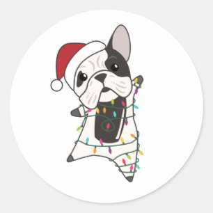 Pegatina Redonda Perros de bulldog Feliz Navidad Animales de Invier