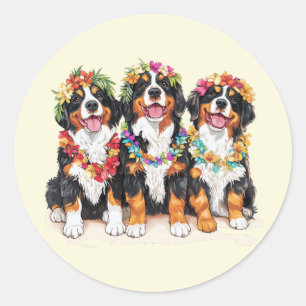 Pegatina Redonda Perros de montaña berneses hawaianos Lei de flores
