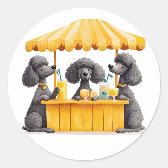 Pegatina Redonda Perros De Poodle Estándar Con Soporte De Lemonada (Anverso)
