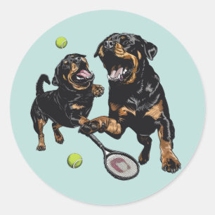 Pegatina Redonda Perros De Rottweiler Cute Juegan Al Tenis
