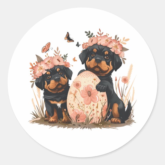 Pegatina Redonda Perros de Rottweiler de Pascua (Anverso)