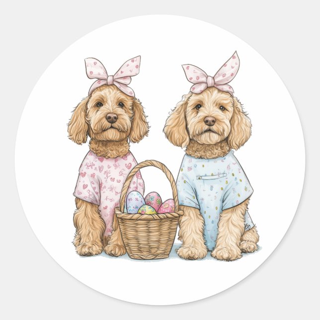 Pegatina Redonda Perros Goldendoodle de Pascua (Anverso)