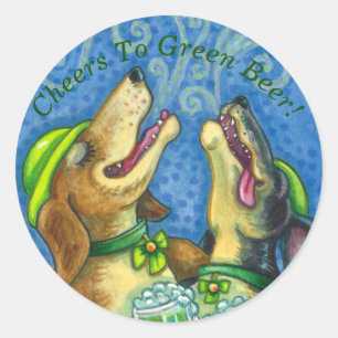 PEGATINA REDONDA PERROS HOUND IRLANDESES, ST. LA CERVEZA VERDE DEL 