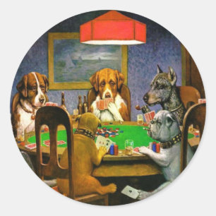 Pegatina Redonda Perros jugando al póquer
