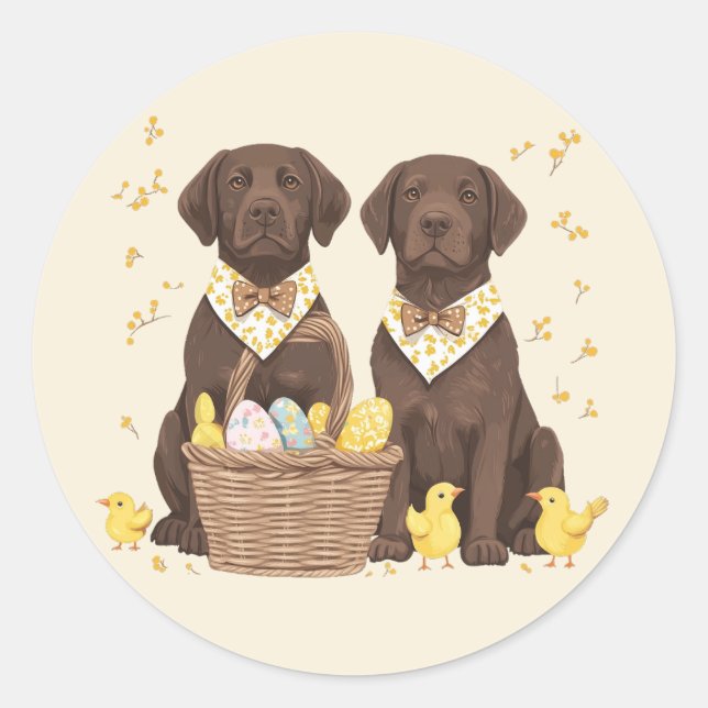 Pegatina Redonda Perros Labrador Retriever de chocolate de Pascua (Anverso)