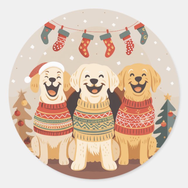 Pegatina Redonda Perros Labrador Retriever de Navidad (Anverso)