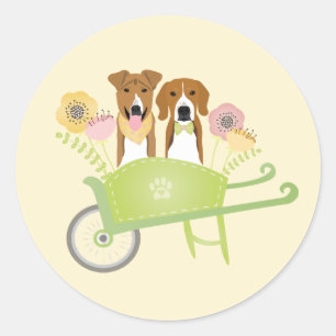 Pegatina Redonda Perros Marrones En Flores De Primavera De Ruedas