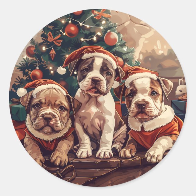 Pegatina Redonda Perros Pit Bull Cachorros de Navidad (Anverso)