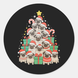 Pegatina Redonda Perros Pug Árbol de Navidad Navidad Papá Mamá Fami