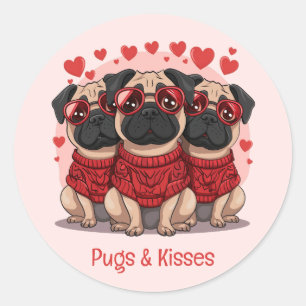 Pegatina Redonda Perros Pug Y Besados Día de San Valentín Pug