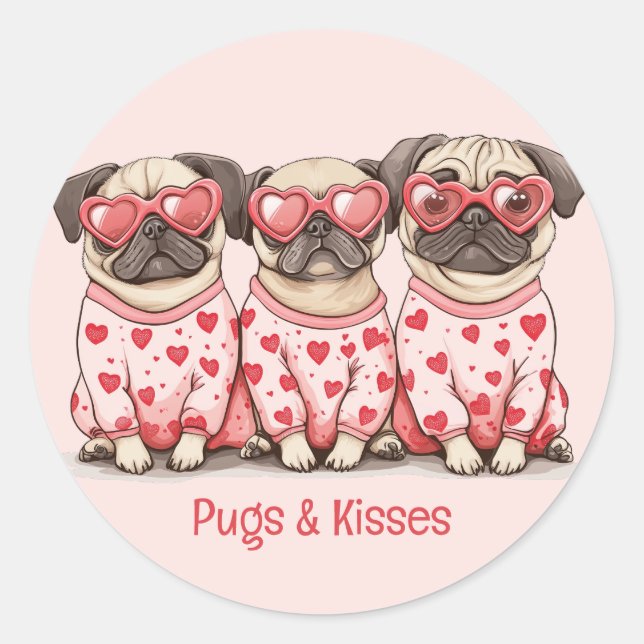 Pegatina Redonda Perros Pug Y Besados Día de San Valentín Pug (Anverso)