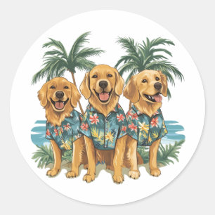 Pegatina Redonda Perros recuperadores de oro con camiseta hawaiana