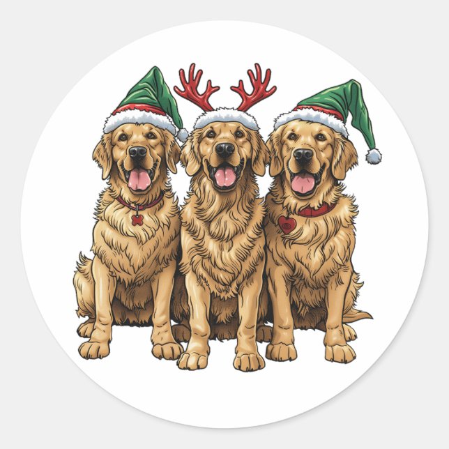 Pegatina Redonda Perros recuperadores de oro de navidades (Anverso)