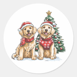 Pegatina Redonda Perros recuperadores de oro de navidades