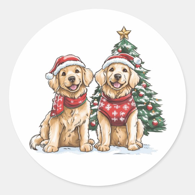 Pegatina Redonda Perros recuperadores de oro de navidades (Anverso)