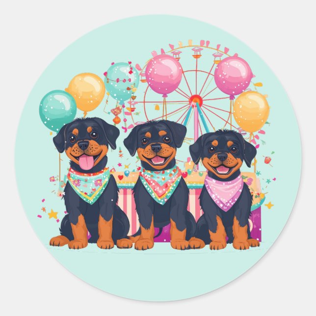 Pegatina Redonda Perros Rottweiler En Un Carnaval (Anverso)