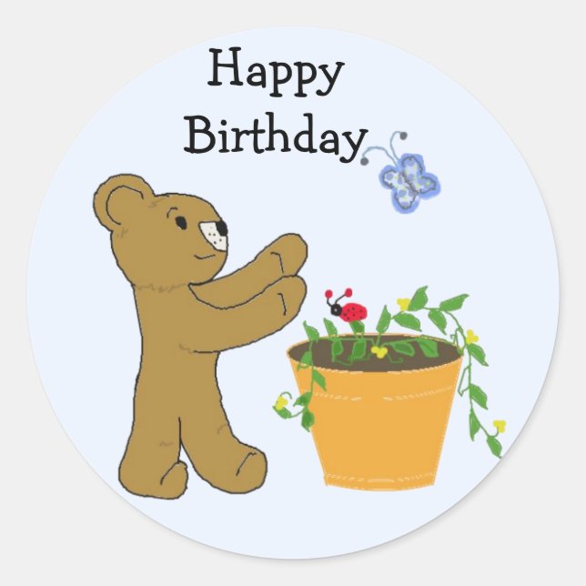 Pegatina Redonda Persiguiendo A Una Mariposa - Feliz Cumpleaños (Anverso)