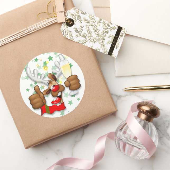 Pegatina Redonda Personaje de Navidades divertidos renos ebrios (Regalar)