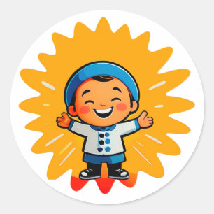 Pegatina Redonda Personaje de sol de dibujos animados alegre