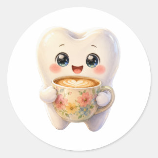 Pegatina Redonda Personaje Kawaii Amante del Café Dental Adorable