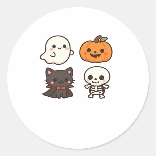 Pegatina Redonda Personajes de Halloween - Fantasma, Calabaza, Gato (Anverso)