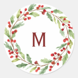 Pegatina Redonda Personalised Christmas Monogram Red-Berry Wreath