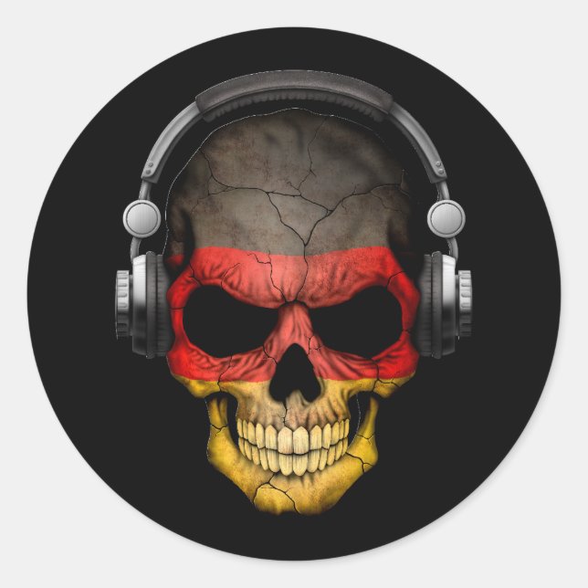 Pegatina Redonda Personalizable alemán Dj Skull con audífonos (Anverso)