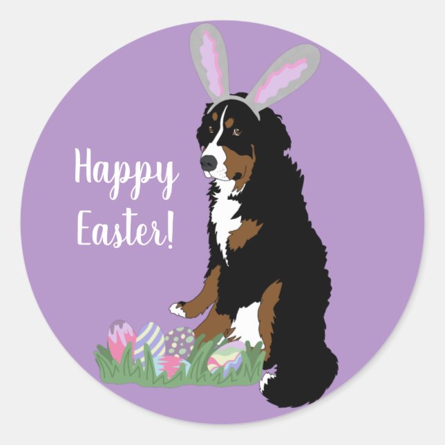 Pegatina Redonda Personalizable Bernese Mountain Dog Easter (Anverso)