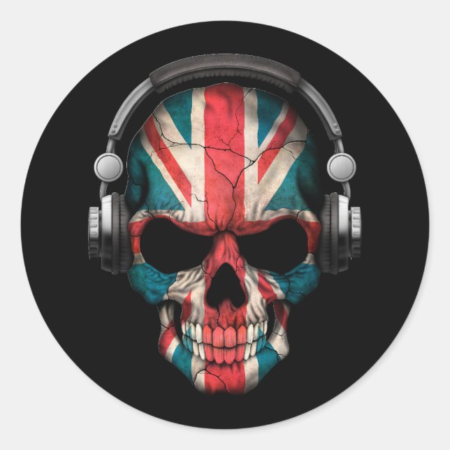 Pegatina Redonda Personalizable British Dj Skull con audífonos (Anverso)