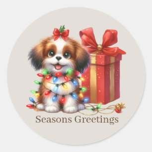Pegatina Redonda Personalizable de cachorro de Navidades escuetos