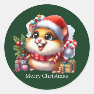 Pegatina Redonda Personalizable de hamster de Navidad de Cute Merry