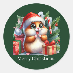Pegatina Redonda Personalizable de hamster de Navidad de Cute Merry