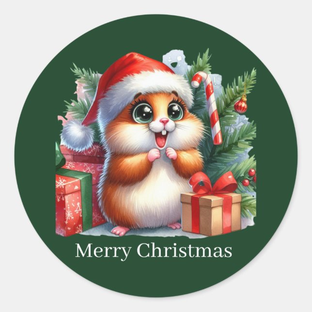 Pegatina Redonda Personalizable de hamster de Navidad de Cute Merry (Anverso)