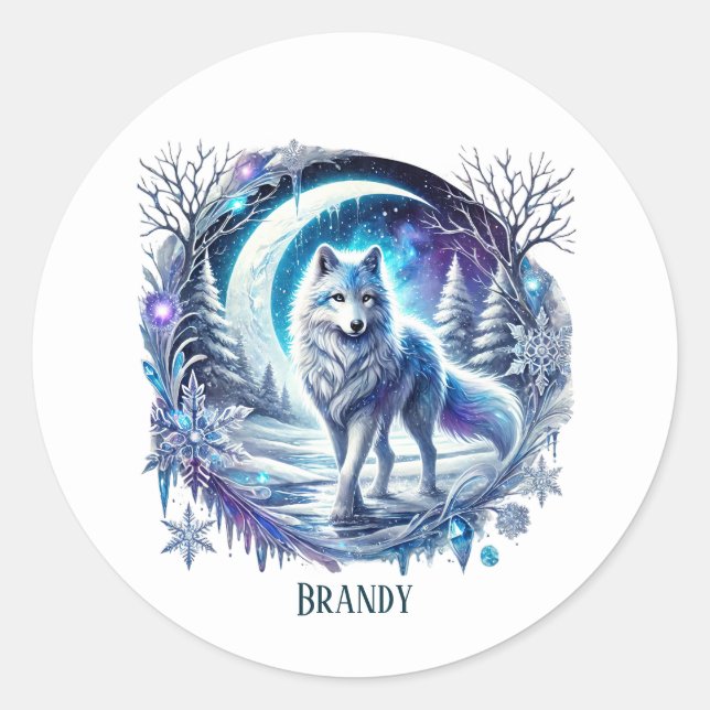 Pegatina Redonda Personalizable de los amantes del lobo dulce (Anverso)