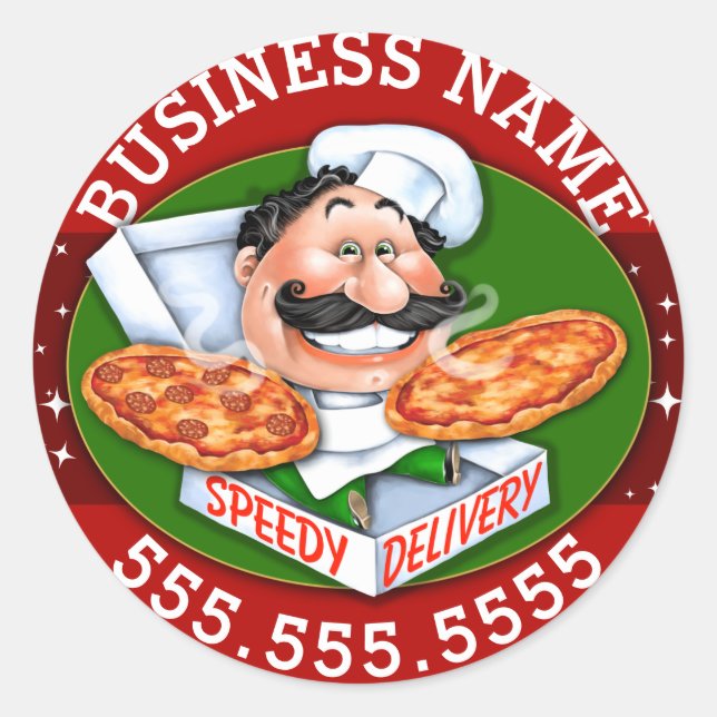 Pegatina Redonda Personalizable de negocios Pizza Delivery Pizzeria (Anverso)