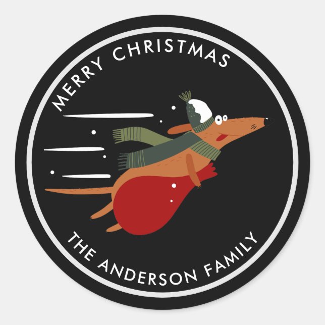 Pegatina Redonda Personalizable de perro Navidad lindo negro (Anverso)