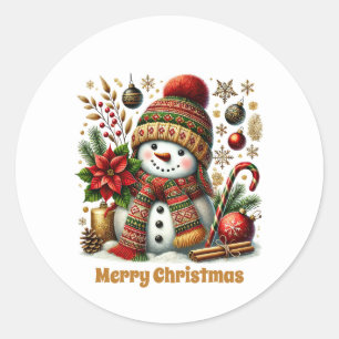 Pegatina Redonda Personalizable de snowman festivo Feliz Navidad